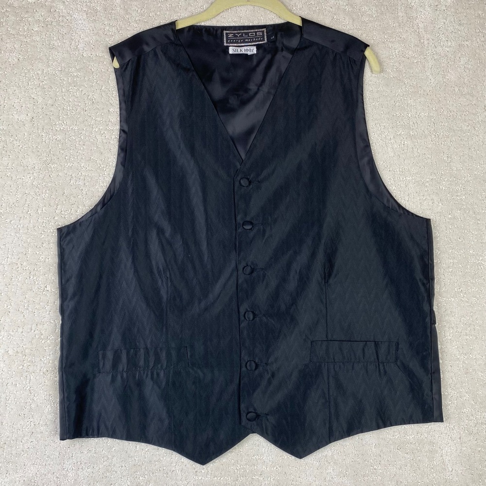 Zylos George Machado Tuxedo Vest Mens‎ L Black 100% Silk Chevron Formal Wedding